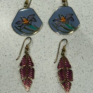 Laurel Burch Floral Cloisonné Dangle Lily + Day Palm Earrings LOT of 2  1980s